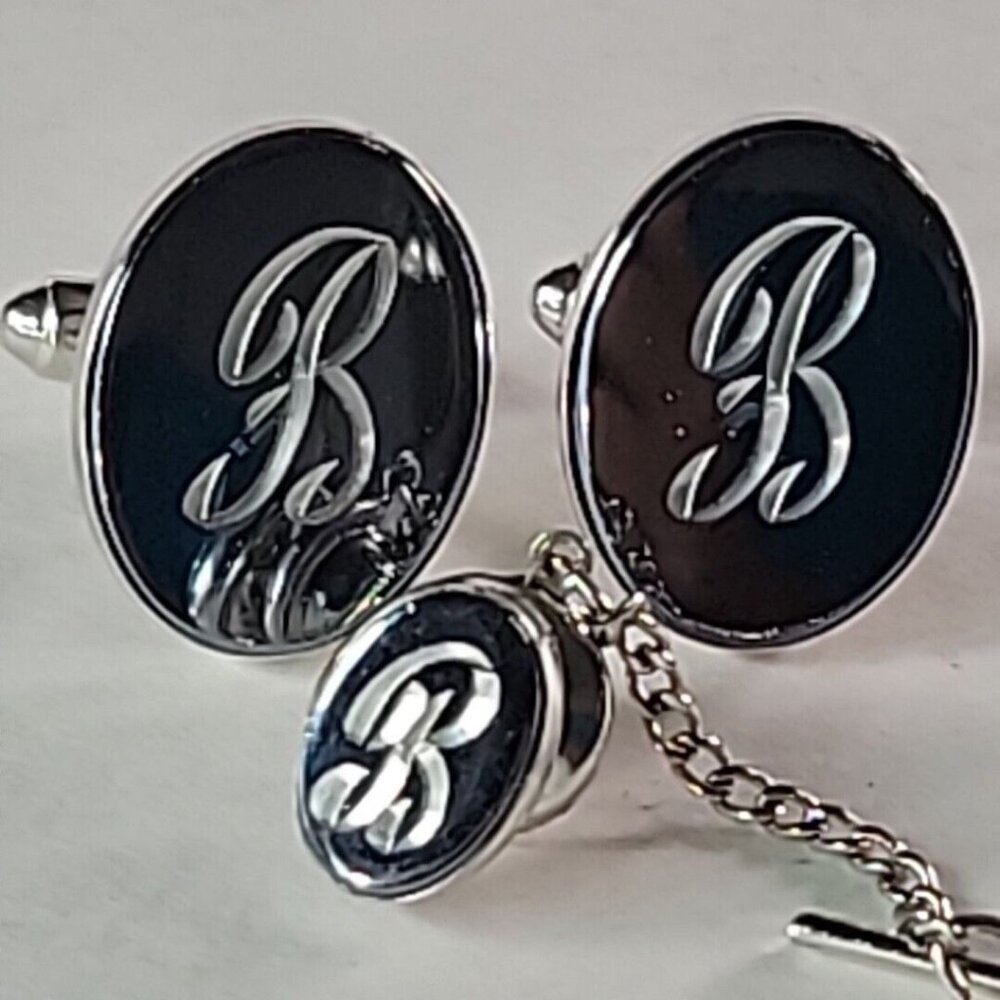 Silver Tone Monogram Script Letter B Cufflinks Ti… - image 4